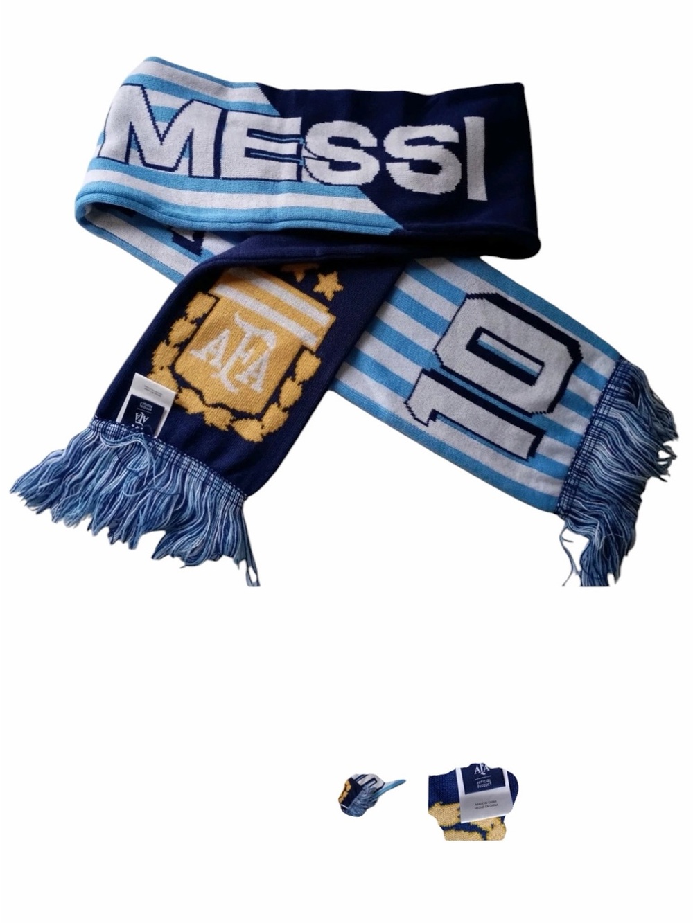 AFA Mens Soccer Scarf in Light Blue, Navy, ARGENTINA MESSI.  Gold Crest.  NEW